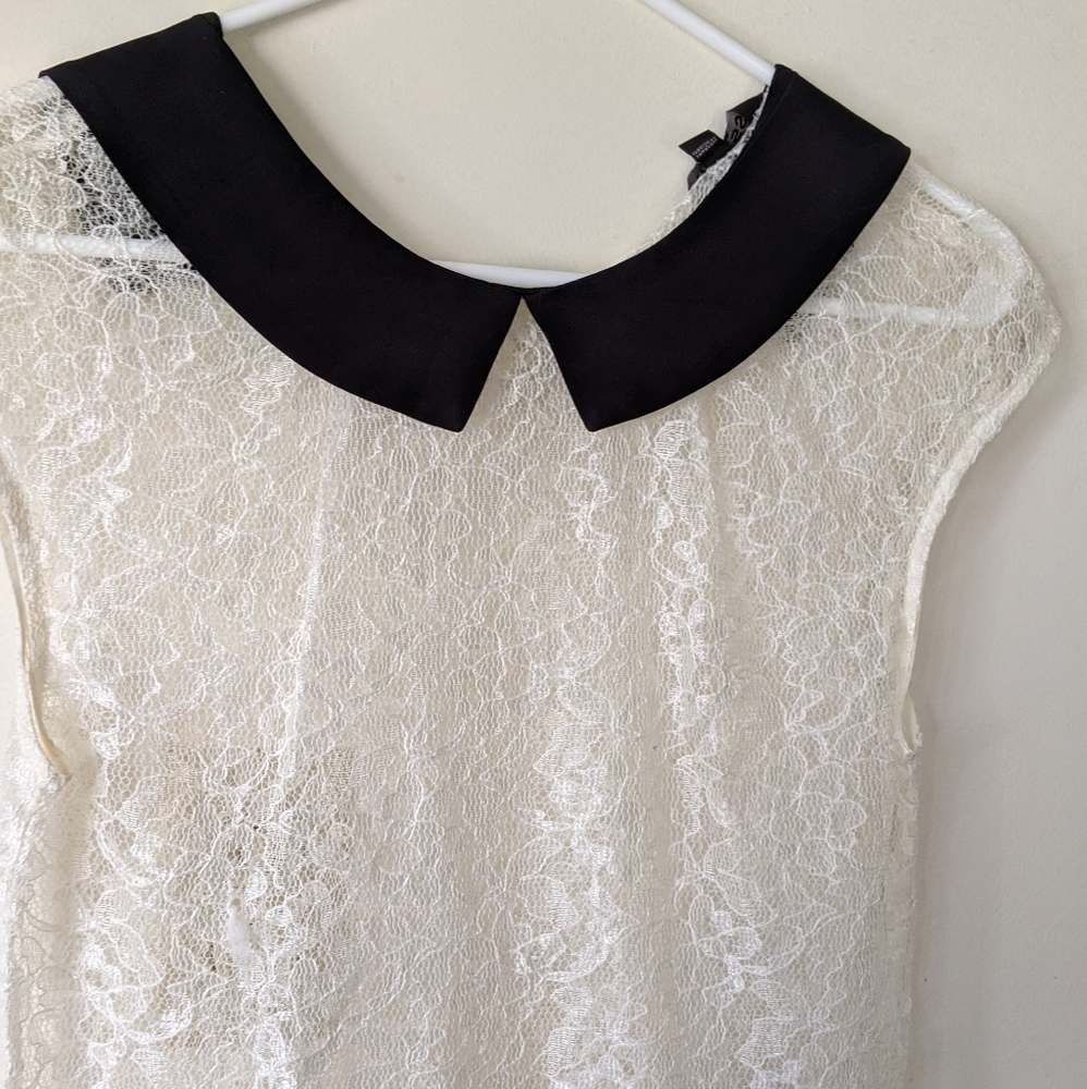 Express cream lace black silk collar blouse